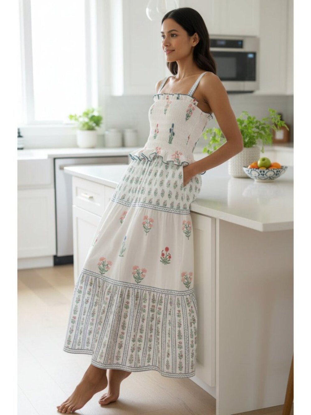 Retro Granny Floral Smock Ruffle Frill Square Neck Tiered Side Pocket Maxi Dress - Picture 4 of 8